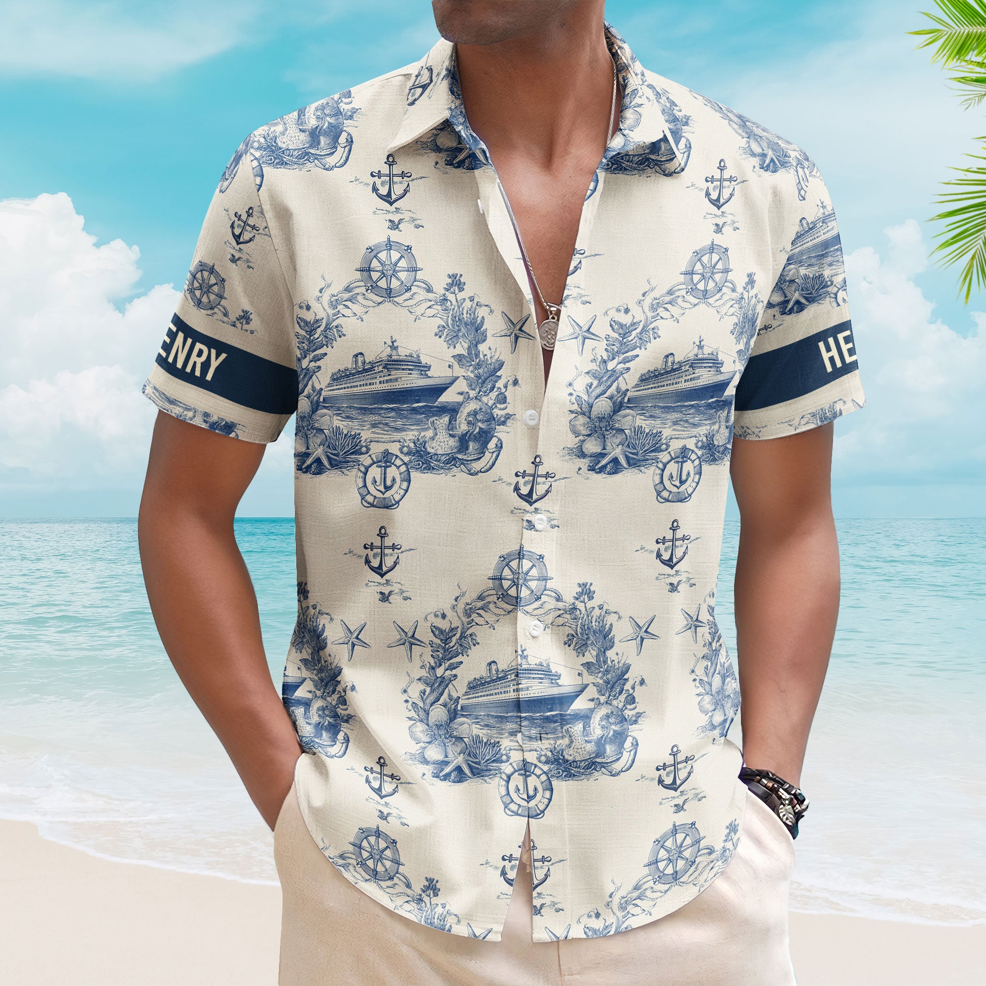 Cruise Ship Nautical Pattern - Personalized Hawaiian Shirt